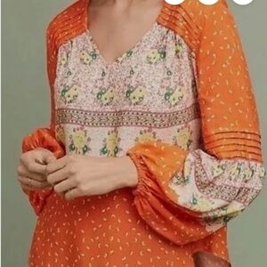 Anthropologie Orange Paisley Floral Ruffle Blouse. Size XS